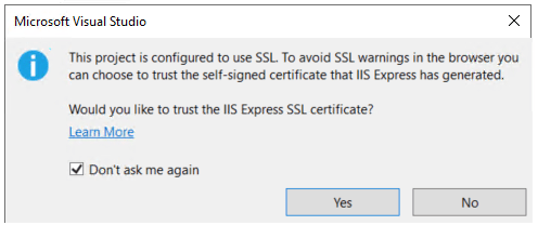 Aquest projecte està configurat per utilitzar SSL.  Per evitar avisos SSL al navegador, podeu optar per confiar en el certificat autofirmat que ha generat IIS Express.  Voleu confiar en el certificat SSL IIS Express?